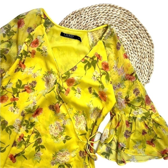 Lauren Ralph Lauren Floral Georgette Chiffon Wrap Bell Sleeve Blouse Size Small - Picture 17 of 17